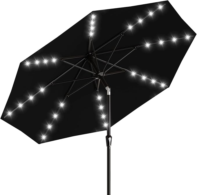AreShark 9FT Patio Umbrella with Solar Lights, 32 LED Lighted Pool Umbrella w/Tilt and Crank, Outdoor Market Solar Umbrellas for Garden, Deck, Backyard, Pool and Beach, Black