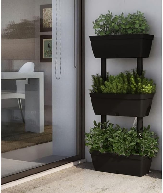 Stackable Garden Planter Set of 3 Boxes 39.4" Anthracite Color with Water Reservoir for Balcony Terrace DIY Expandable Design