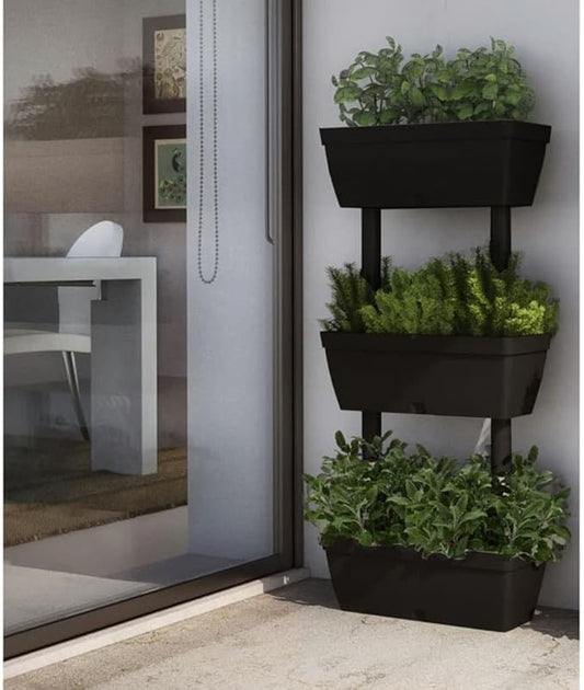 Stackable Garden Planter Set of 3 Boxes 39.4" Anthracite Color with Water Reservoir for Balcony Terrace DIY Expandable Design