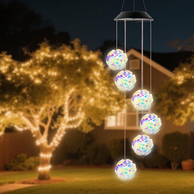 Solar Wind Chimes for Outside,Color Changing Colorful Rose Ball Solar Hanging Lights Outdoor,Waterproof Outdoor Solar Powered Lights for Garden Patio Yard Home,Gifts for Mom