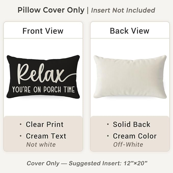 PANDICORN Decorative Throw Pillow Covers 12x20 Inch Relax Porch Time Black Outdoor Rustic Farmhouse Lumbar Decorative Throw Pillows Cases Cushion Covers Decorations for Front Porch Couch Sofa Decor