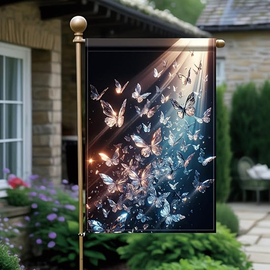 Crystal Butterfly Garden Flag 12x18 Inch Double Sided Outdoor Yard Banner Shimmer Light Art Butterfly Design for Spring Summer Patio Lawn Porch Seasonal Decoration