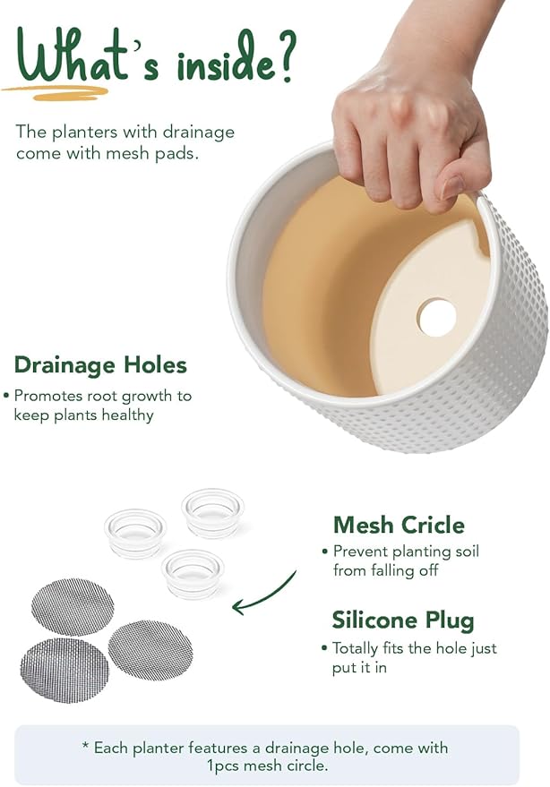 LE TAUCI Ceramic Pots for Plants, 10/8/6 Inch Indoor Planters with Draiange Hole, Silicone Plug & Mesh Pad, Modern Rasied-Dots Pots for Home Office, Set of 3, Satin, White