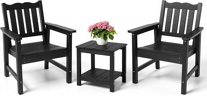 Stoog 3 Piece Patio Bistro Set, All-Weather Garden Chairs Set of 2 with Table, 400 lbs Support Garden Chair, Black