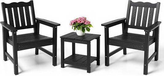 Stoog 3 Piece Patio Bistro Set, All-Weather Garden Chairs Set of 2 with Table, 400 lbs Support Garden Chair, Black