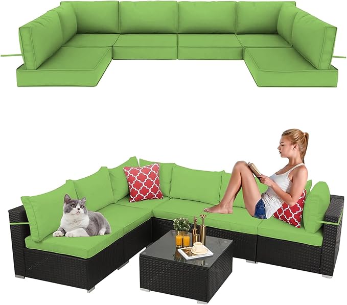 14 Pieces Outdoor Sectional Replacement Cushions for Patio Furniture, 4in Thick Outdoor Sofa Cushions for 6 Seat, Waterproof Deep Seat Couch Patio Cushions Set (Olive Green)