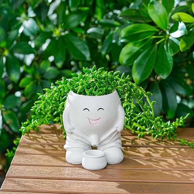 Urinating Pot Head Planter Cute Smiley Face Doll Flower Pot Naughty Doll Plant Planter with Drain Resin Smile Vase Tabletop Decor Suitable for Grow Succulents Cactus Herbs (No Plants) (White)