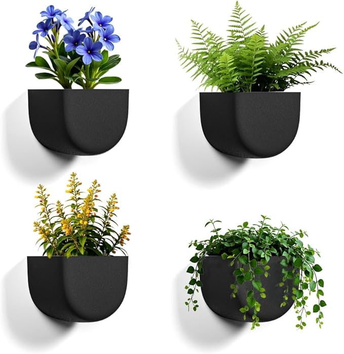 2 Pack Wall Hanging Planter Pots for Indoor and Outdoor Plants, 7 Inch Half-Moon-Shaped Plastic Wall Planter, Wall Mounted Succulent Planters (Black)