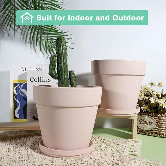 vensovo 8 Inch Pink Clay Pot for with Saucer - Large 2 Pcs Terra Cotta Plant Pot with Drainage Hole, Flower Pot with Tray, Terracotta Pot for Indoor Outdoor
