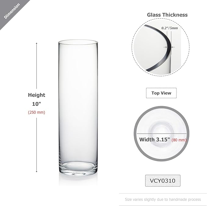 WGVI Quality Thick Weighted Clear Cylinder Glass Vases, 3" W x 10" H, Flower Bud Vase Skinny Narrow Floral Bouquet Container Centerpieces Tabletop Pen Brush Holder, Bulk Wholesale, 18 Pieces