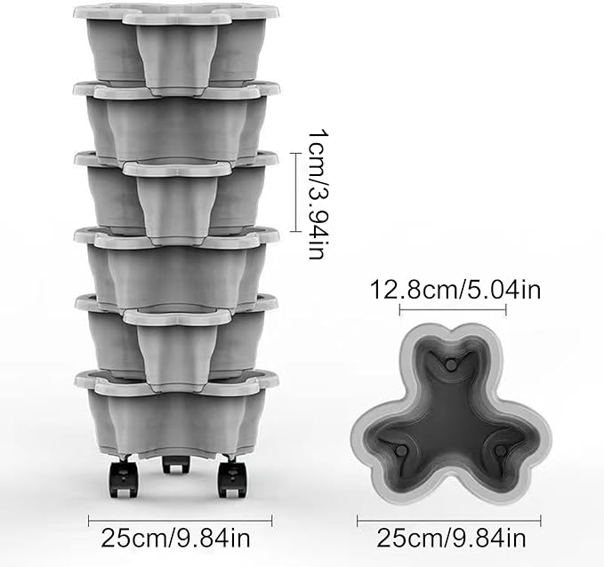 Stackable Plant Tower, Vertical Garden Pot, 9.84x3.94 Inch Tier Design with Drainage, Weatherproof Tiered Strawberry Planter, Space Saving with Wheels, Outdoor Container for Yard Patio and Lawn