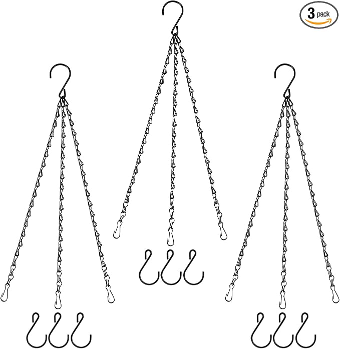 Hanging Basket Chain, 20 Inch Black 3 Point Plant Chains with Hooks for Hanging Baskets Planter Pots Perfect for Indoor Outdoor Decor (3 PCS)