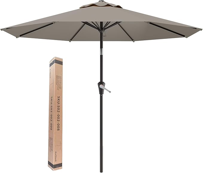 AreShark 9 FT Patio Umbrella for Outdoor, Outdoor Umbrella with Push Button Tilt and Crank, Outdoor Patio Umbrellas with 8 Sturdy Ribs for Market, Garden, Deck, Backyard, Pool (Light Gray)