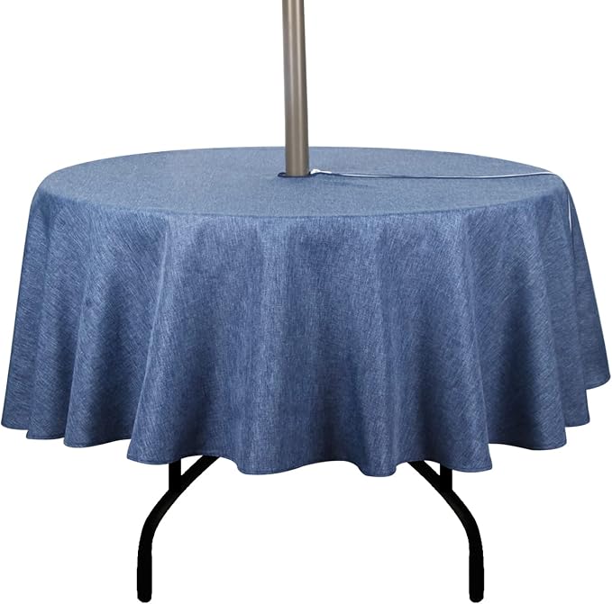 Outdoor Tablecloth Wrinkle-Free Stain Resistant Waterproof Polyester Fabric Table Cover with Zipper Umbrella Hole for Picnic/Party/Dinner/Patio Garden(60inch Round,Zippered,Denim Blue)