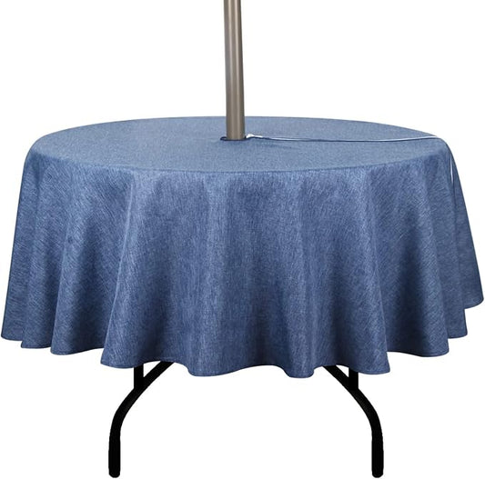 Outdoor Tablecloth Wrinkle-Free Stain Resistant Waterproof Polyester Fabric Table Cover with Zipper Umbrella Hole for Picnic/Party/Dinner/Patio Garden(70inch Round,Zippered,Denim Blue)