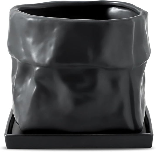 Nihow Ceramic Plant Pot: 8 Inch Planter with Drainage Hole & Square Saucer for Herbs/Plants, Bag Shape Design Flower Pot for Indoor & Outdoor Garden Decor - Black