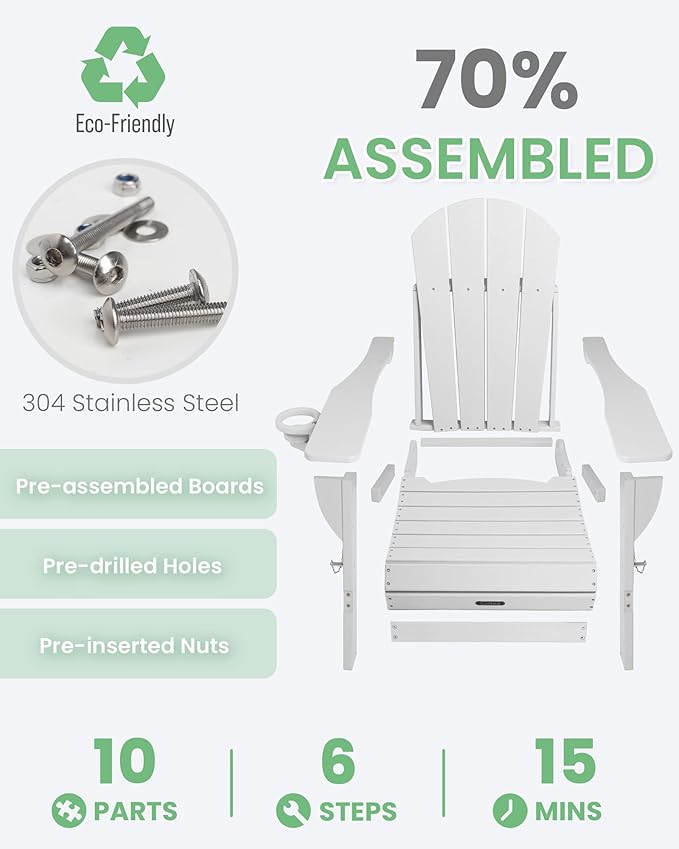Ciokea Folding Adirondack Chair Wood Texture, Patio Adirondack Chair Weather Resistant, Plastic Fire Pit Chair with Cup Holder, Lawn Chair for Outdoor Porch Garden Backyard Deck (White)