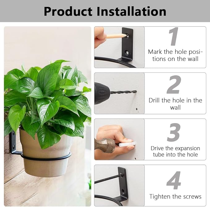 8 Pack 5 Inch Wall Mounted Plant Holder, Heavy Duty Flower Pot Holder Ring, Rust Resistant Wall Plant Holder for Indoor and Outdoor Flower Pots, Garden, Fence Balcony, Home (Black)