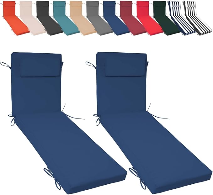 Chaise Lounge Cushions Outdoor Set of 2, 72x21x3 Lounge Chair Cushions for Outdoor Furniture, Patio Lounger Pads with Removable Cover for Pool, Deck, Lawn,Dark Blue