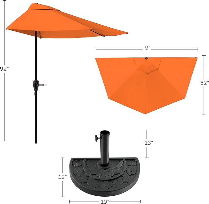 Pure Garden 9-Ft Half Patio Umbrella Easy Crank Semicircle Balcony Shade with 20lb Weighted Base for Deck, Porch, or Against a Wall (Terracotta)
