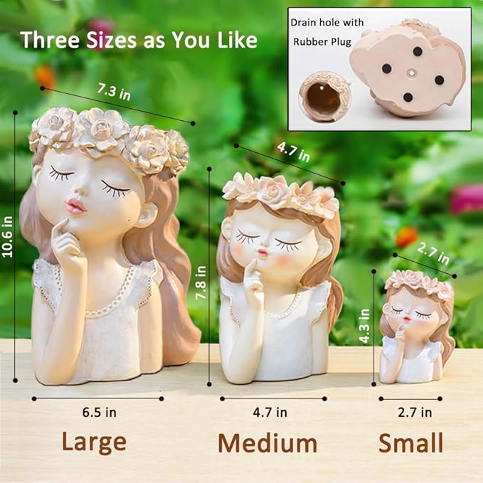 Adorable Fairy Girl face Succulent Pot with Drainage Hole, Resin Head Planter Pot for Indoor Plants, Decorative Flower vase,Gifts Idea for Lady (Medium-Tranquility)