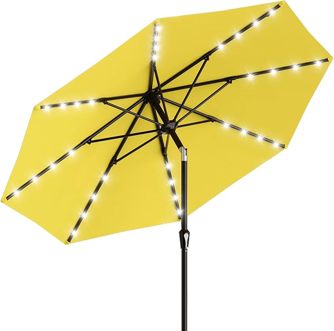 AreShark 9FT Patio Umbrella with Solar Lights, 32 LED Lighted Pool Umbrella w/Tilt and Crank, Outdoor Market Solar Umbrellas for Garden, Deck, Backyard, Pool and Beach, Yellow