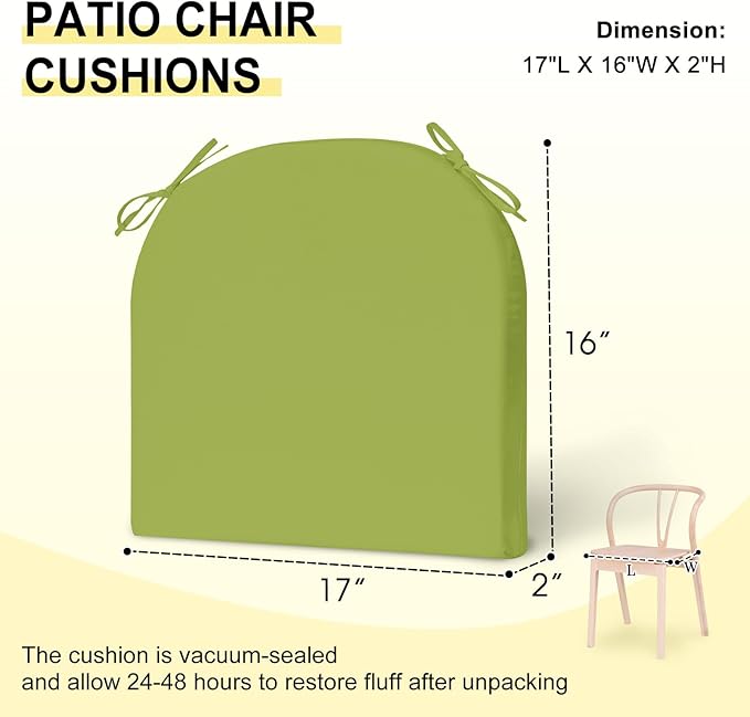 downluxe Outdoor Chair Cushions Set of 4 for Patio Furniture, Water-Resistant Patio Chair Cushions with Ties, High Density Foam Outdoor Seat Cushion, 17" X 16" X 2", Sage Green