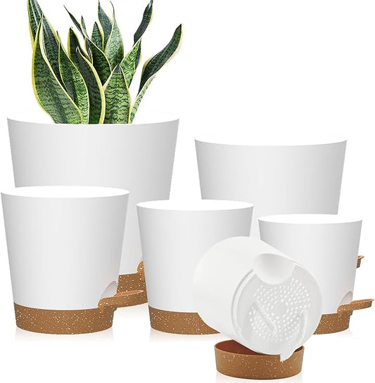 Self Watering Pots, 7/6.5/6/5.5/5/4 inch Flower Pots with Multi Mesh Drainage Holes, Small Platic Planters for Indoor Outdoor Garden Plants and Flowers (Whtie with Brown Tray, 7"+6.5"+6"+5.5"+5"+4")