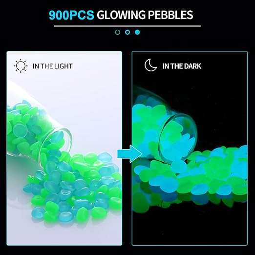 900pcs Glow in The Dark Rocks Outdoor Decorations Stones Small Luminous Pebbles Indoor/Outdoor Decor for Garden Fish Tank Aquarium Planter Walkway - Green & Blue