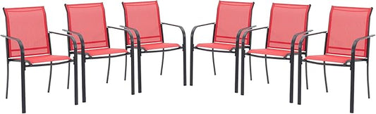 VICLLAX Patio Stackable Dining Chairs Set for 6, Outdoor Sling Chairs with Metal Frame for Front Porch Balcony Backyard Garden and Deck, Red