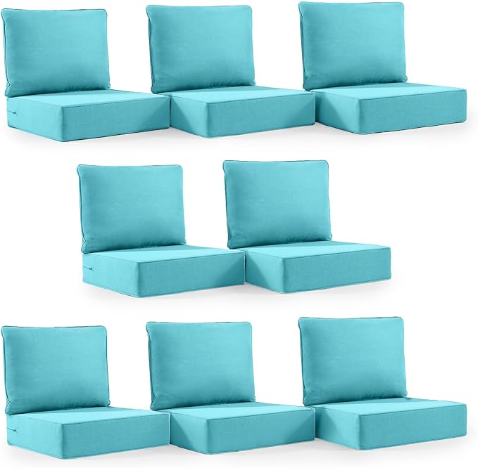 6" Thick Outdoor Cushion, 24*24*6" Patio Furniture Cushions with Waterproof Patio Furniture Cushions with Removable Cover, 28D High Density Patio Cushion for Outdoor Furniture, Light Blue-8pcs