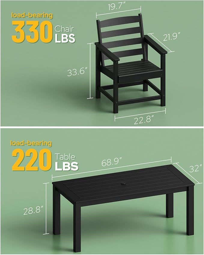 Outdoor HDPE Dining Table, All-Weather Outdoor Table with Umbrella Hole Cut-Out, Patio Furniture for Garden, Backyard, Deck (Black)