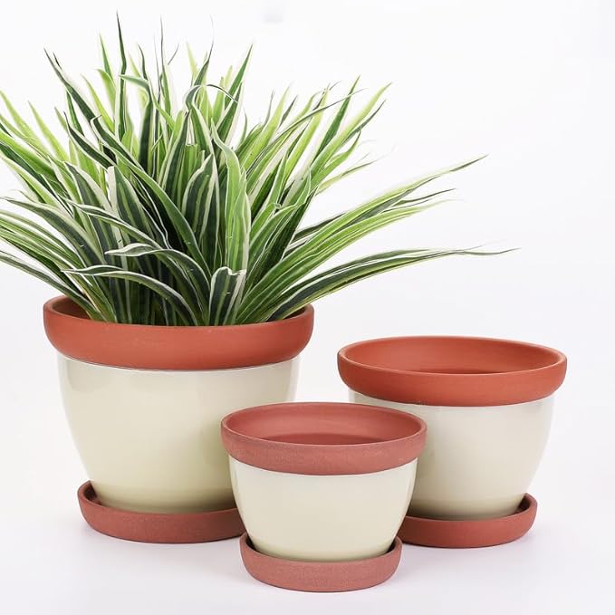 Yishang Glazed Terracotta Pots with Saucers, Set of 3, 5", 6", and 7" Sizes, Ceramic Clay Planter Pots with Drainage Holes - Yellow