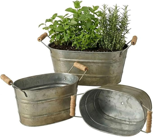 vensovo Galvanized Metal Oval Planter Buckets with Handles – Set of 3 Rustic Farmhouse Flower Tubs with Drain Holes & Plugs, Vintage Small Pots for Herbs, Succulents, Wedding or Tabletop Decor