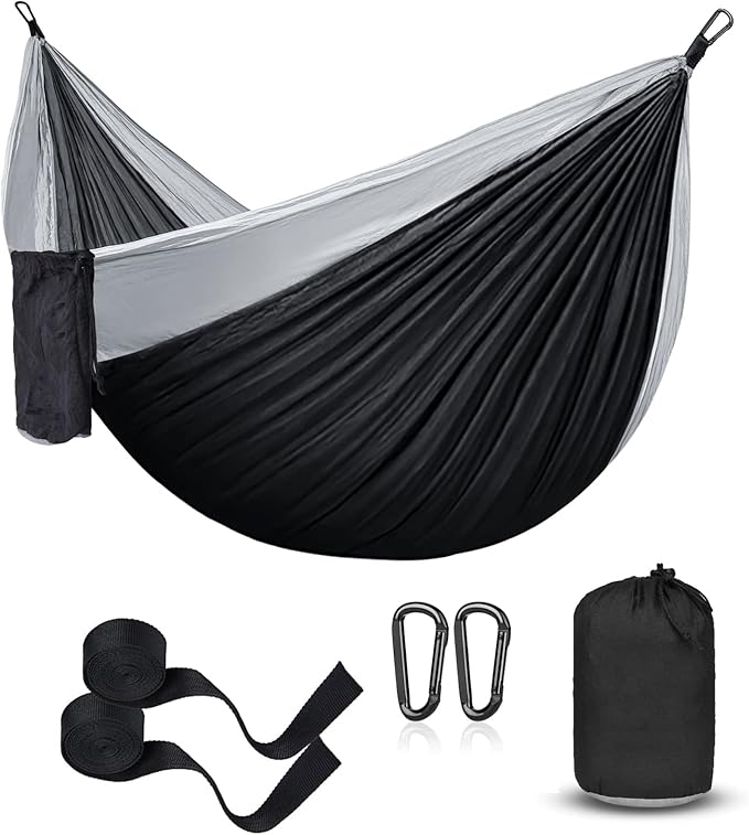 Hammock Camping, Portable Single/Double Hammocks for Outdoor Hiking Travel Backpacking - 210D Nylon Hammock Swing for Backyard & Garden (Black/Gray)