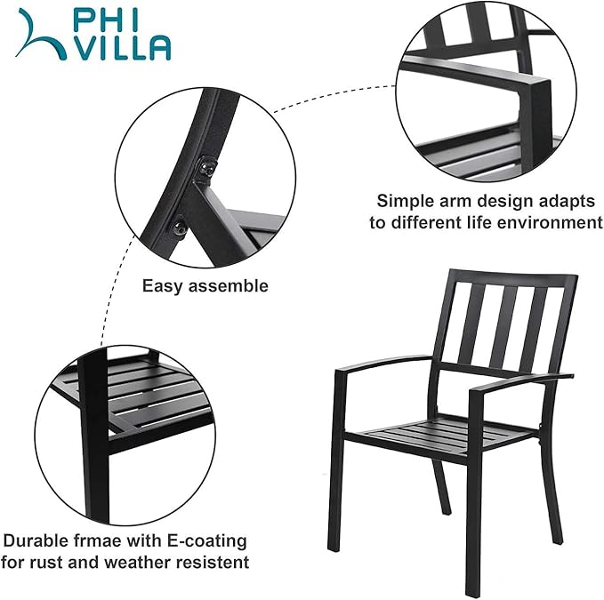 PHI VILLA Metal Outdoor Dining Chairs Set of 4 - Stackable Black Patio Chairs, 300lb Capacity (Stripe)
