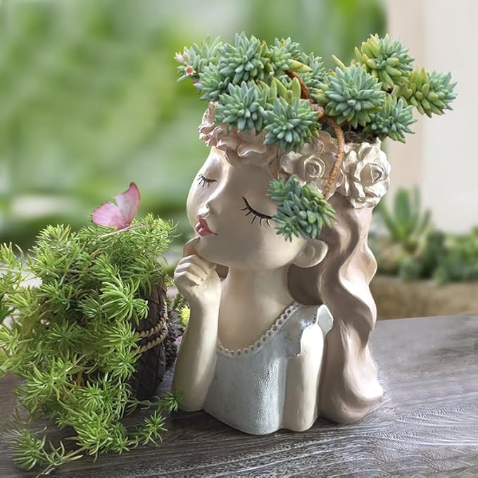 Cute Succulent Plant Pot with Drainage Hole large girl face planter pot big Resin lady head planter 11 inch tall flower vases for indoor and Outdoor plants fairy garden gift for plants lover