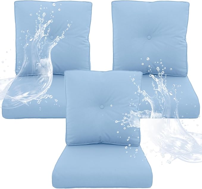 Outdoor Chair Cushions 3 Sets - 22*24" Patio Furniture Cushion with Removable Cover, 28D High Density Sponge Filling Outdoor Patio Cushion for Chairs, Rocker, Sofa and Loveseat - Baby Blue