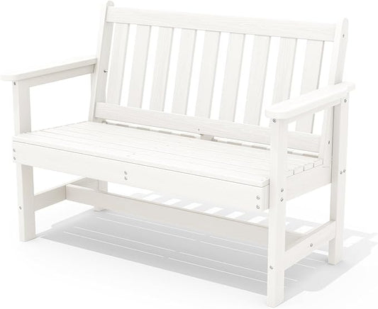 SERWALL Outdoor Bench, HDPE Outdoor Benches Weatherproof, 2-Person Garden Bench with 660 lbs Weight Capacity, Patio Benches for Outdoors, Garden, Porch, Backyard and Park, White