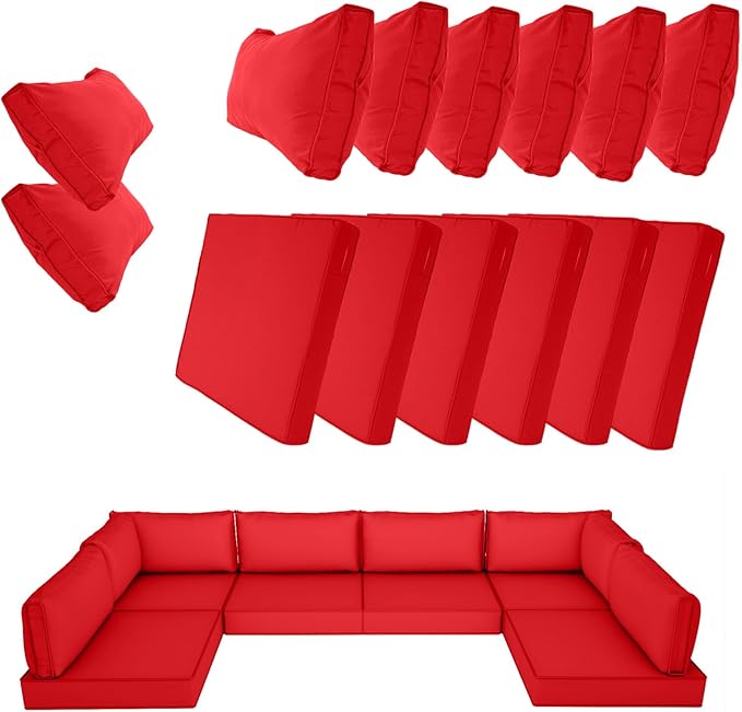 14 Piece Outdoor Patio Cushion Cover Replacement, Waterproof Patio Cushion Covers, Outdoor Furniture Cushion Covers Set for 6 Seat Wicker Rattan Sofa (Red)
