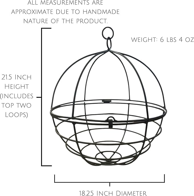 Large Wrought Iron Hanging Globe Planter – Amish Handmade Metal Sphere Plant Hanger for Indoor Outdoor Use – Clamshell Basket Style – Rustic Black Garden Patio Decor for Flowers, Ferns, Lanterns