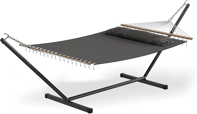 GarveeLife 57" 2 Person Outdoor Hammock, Widening Design Cotton Hammock with Metal Stand, Heavy Duty Construction, 450 LBS Weight Capacity, Dark Grey