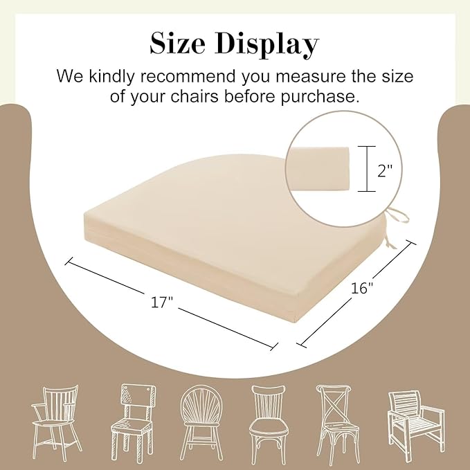 Cozyide Outdoor Chair Cushions, Waterproof Patio Seat Cushions with Adjustable Straps, Round Corner Patio Chair Cushions for Garden, Beige, 17x16x2 Inch (Pack of 4)