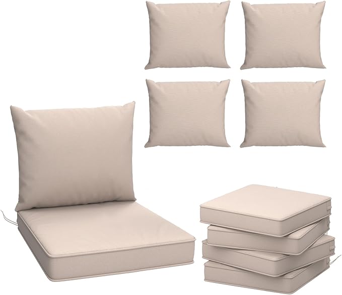 Outdoor Chair Cushions Set of 4, 24 x 24 Inch Patio Chair Cushions with Splash-Proof Covers, Outdoor Cushions for Patio Furniture, Khaki