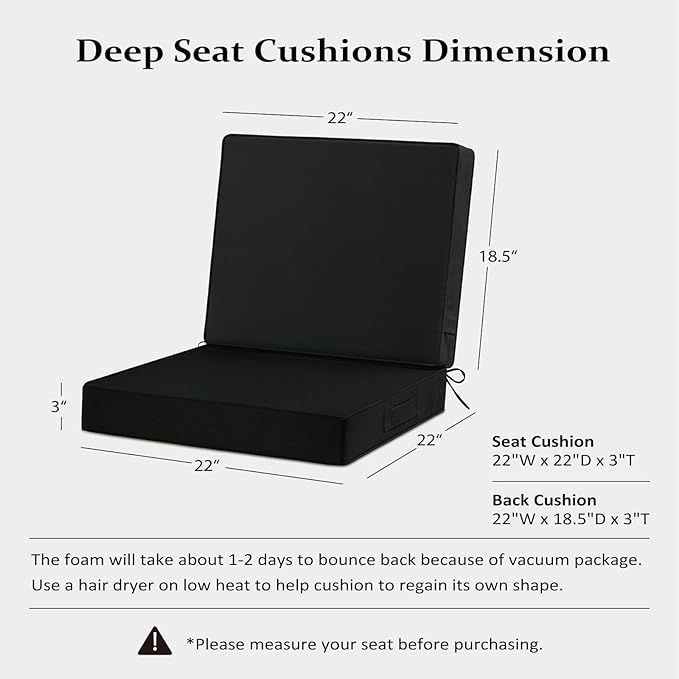 Cozyide 22x22 Outdoor Cushions for Patio Furniture, Waterproof Outdoor Chair Cushions with Non-Slip Ties and Handle, Washable Deep Seat Cushions for Outdoor Furniture with Removable Cover, Black