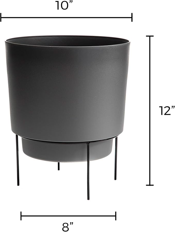 Bloem Hopson Decorative Resin Cachepot with Metal Stand, 10" Indoor and Outdoor Planter with Black Metal Stand, Charcoal
