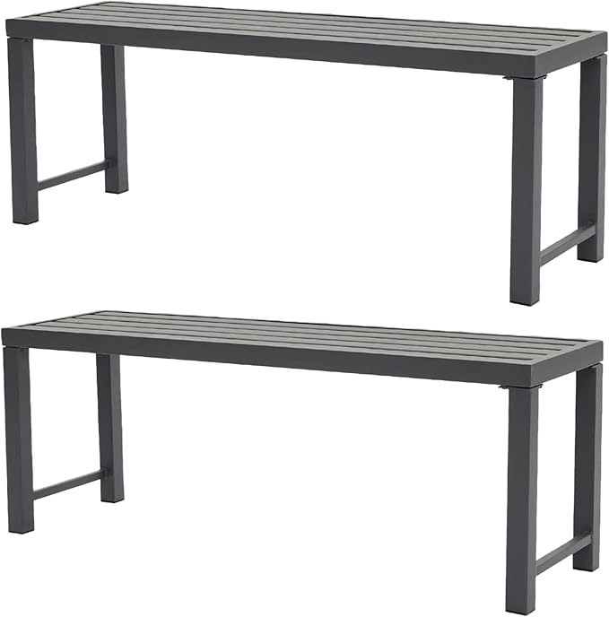 46" Outdoor Metal Backless Bench Set of 2, All-Weather Patio Garden Bench for Backyard, Porch, or Lawn, Durable Steel Bench for Outdoor Spaces, Grey
