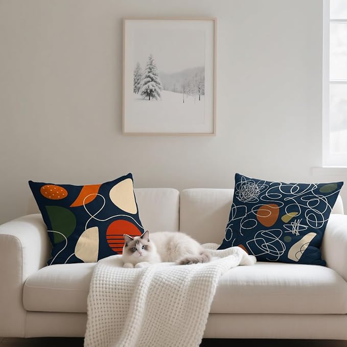 Abstract Pillow Covers 18x18 inch Set of 4, Modern Geometric Line Art Orange Green Blue Cushion Case Outdoor Sofa Throw Pillows Cover Garden Pillow Covers for Couch Living Room Bed Indoors Home Decor