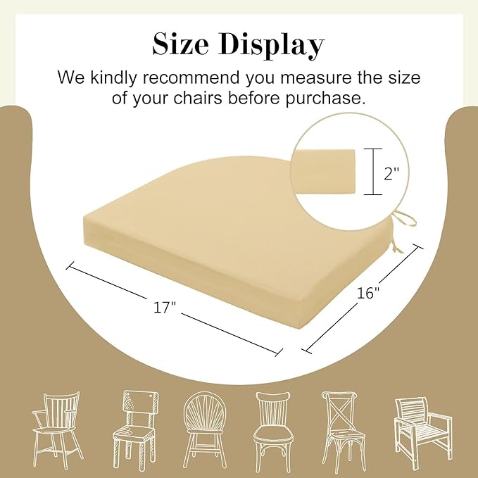 Cozyide Outdoor Chair Cushions, Waterproof Patio Seat Cushions with Adjustable Straps, Round Corner Patio Chair Cushions for Garden, Khaki, 17x16x2 Inch (Pack of 4)