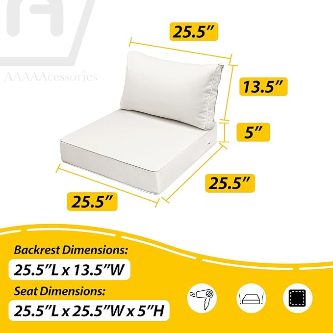 AAAAAcessories Outdoor Seat Cushions for Chairs, Fade-Resistant, Waterproof Patio Furniture Replacement Cushions, 25.5" x 25.5" x 5" + 25.5" x 13.5", Creamy White